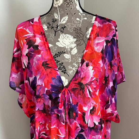 LADIES PURPLE/RED COVER-UP W/BLACK FRINGE SIZE OS - Picture 2 of 3